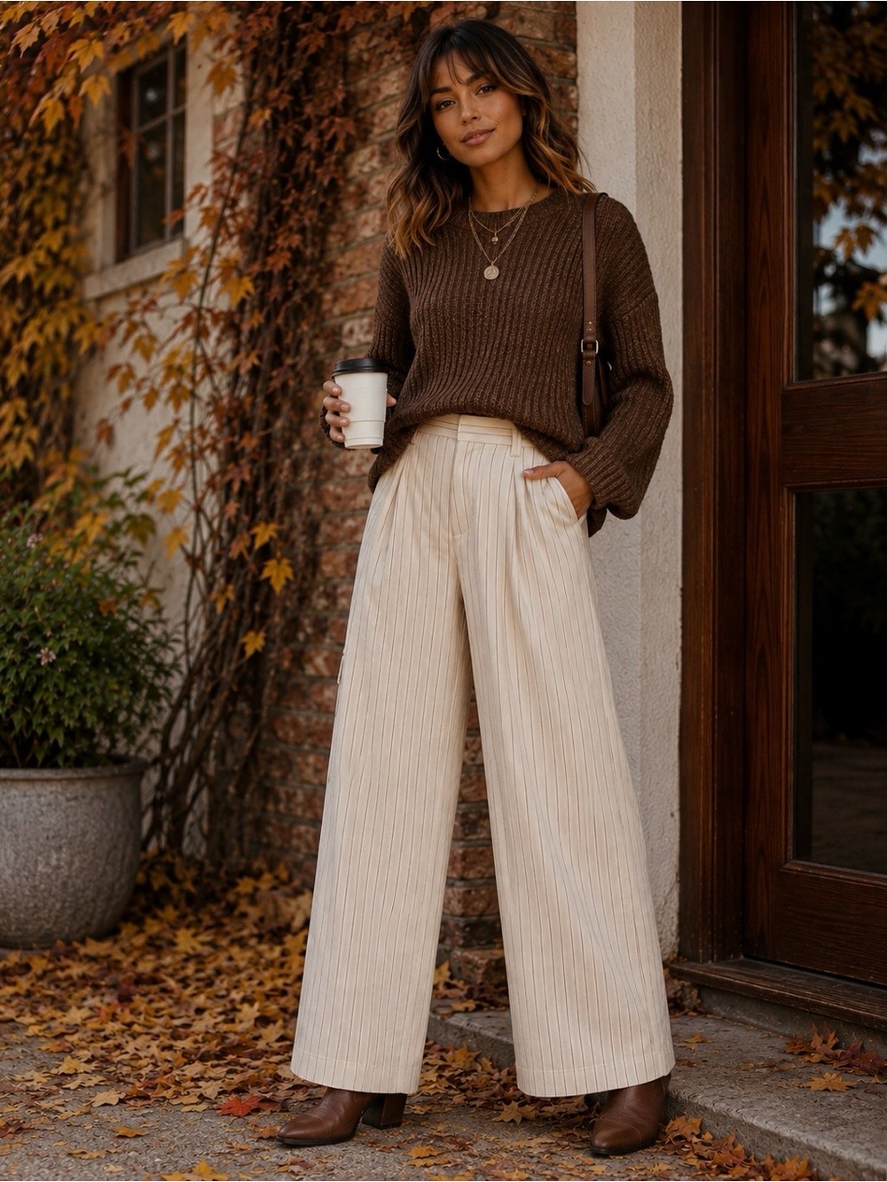 Wide-Leg High-Waist Cream Pinstripe Pants - Discounted - 699